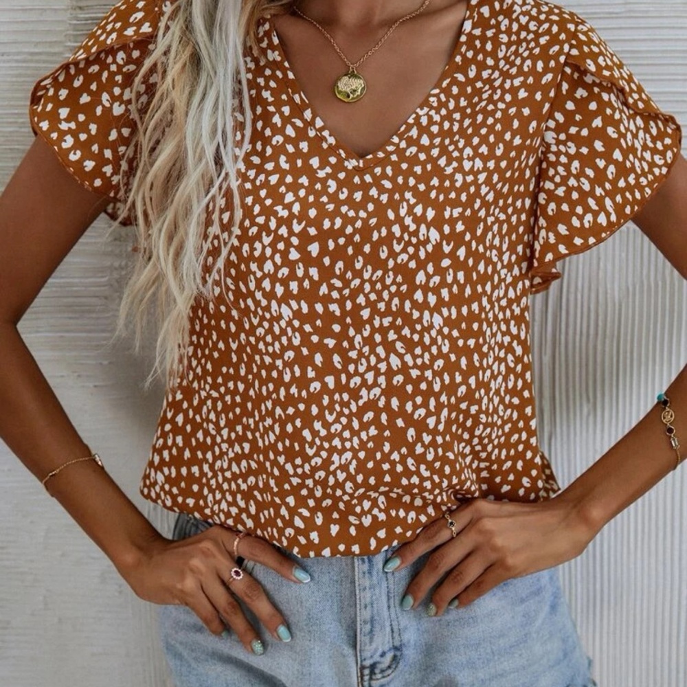 Ruffle frill short sleeve boho leopard top blouse bohemian tan black - Picture 6 of 6